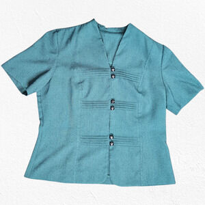 1950s Vintage Teal Black Houndstooth Button Down Fitted Blouse Jacket Size Large